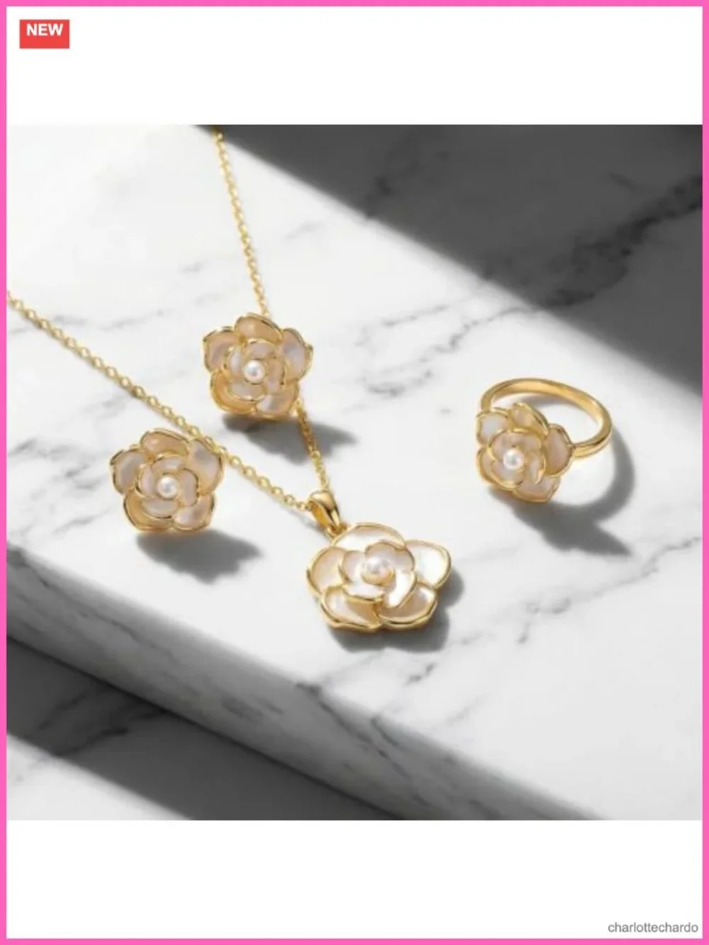 Rose Gold Plated White Rose Necklace Earring Set Women
